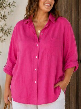 Sonoma Linen Blend Boyfriend Shirt 3X Magenta Oversized Beach Cover Up Resort